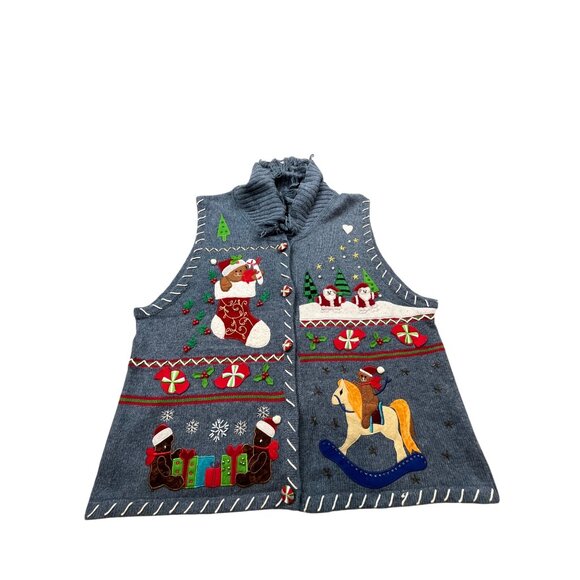 Vintage Reference Point Christmas Sweater Vest Womens XL Santa & Reindeer - Picture 1 of 12